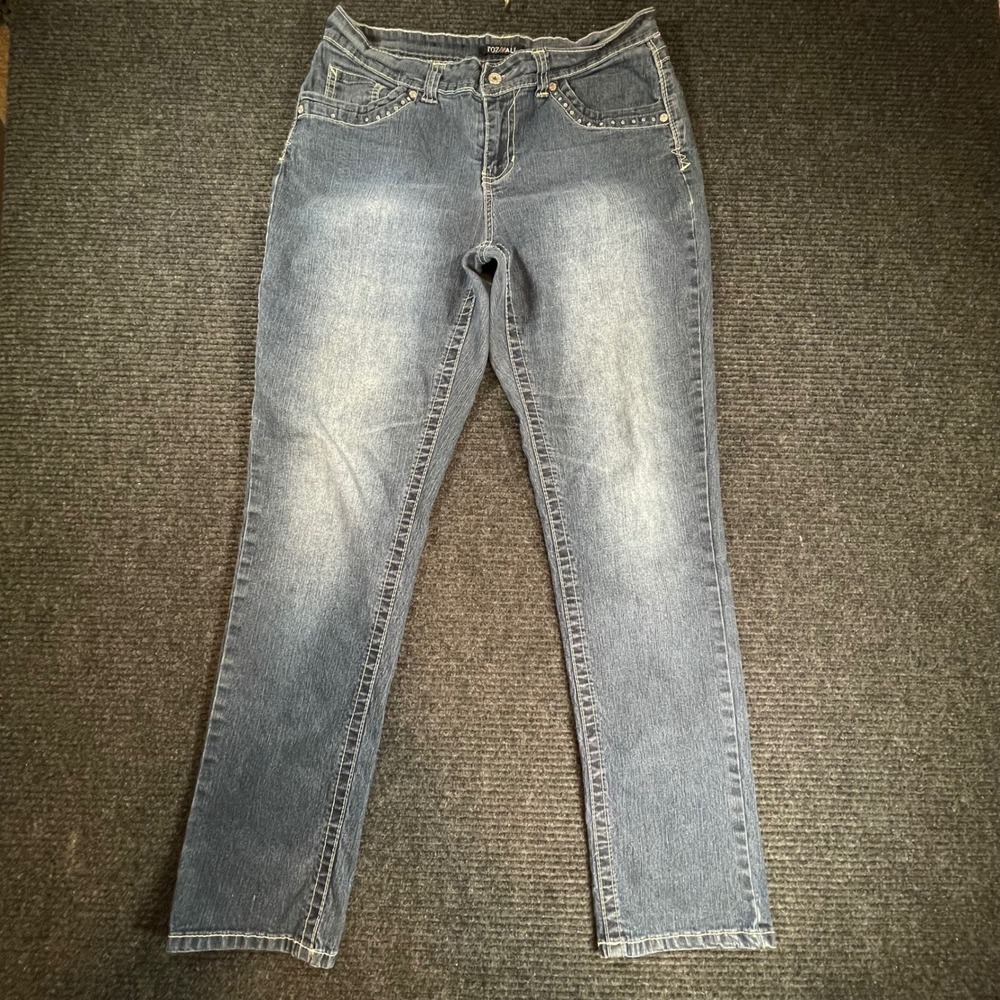 Roz & Ali Womens Embroidered Straight Leg Jeans Med Wash Blue Size 10 Rhinestone